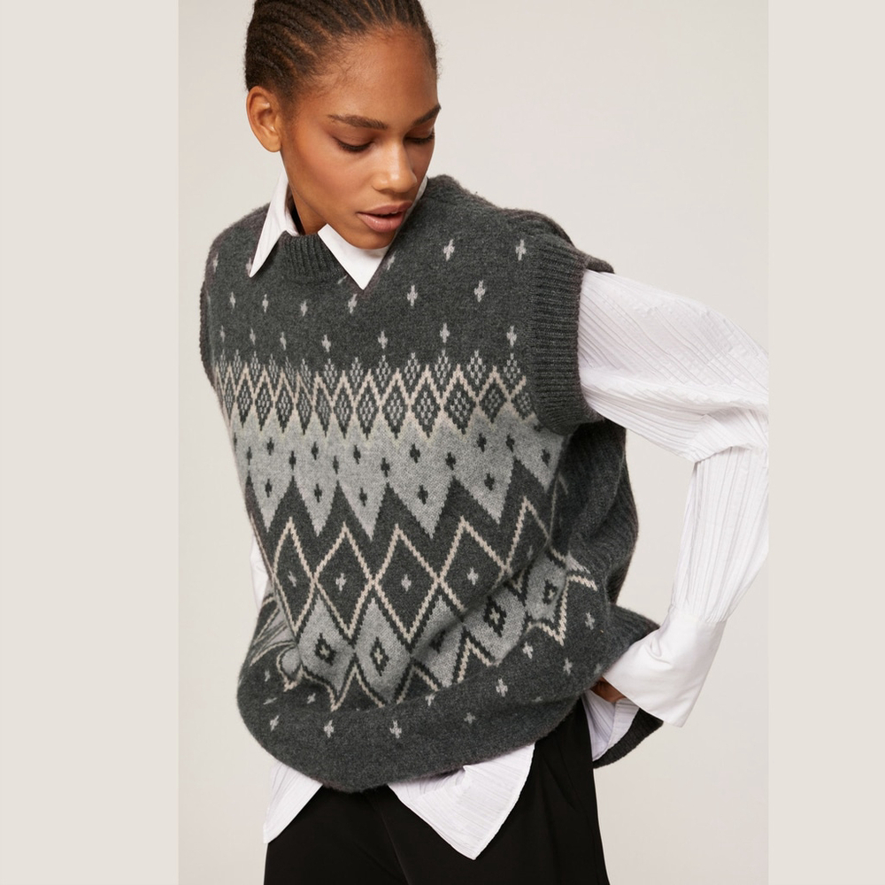 CO Fair Isle Oversized Sweater Vest , Gray Diamond Pattern, XS